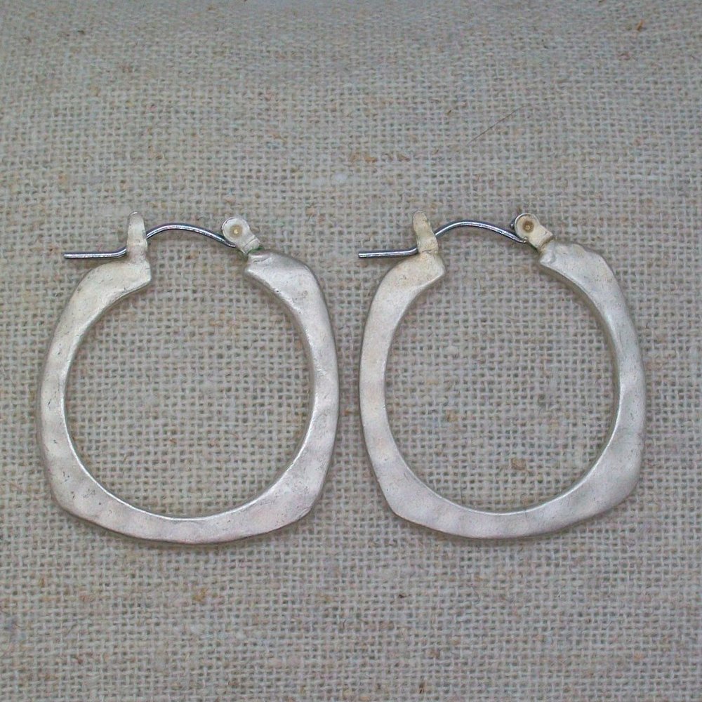 Hammered Silver Tone Metal Medium Hoop Earrings